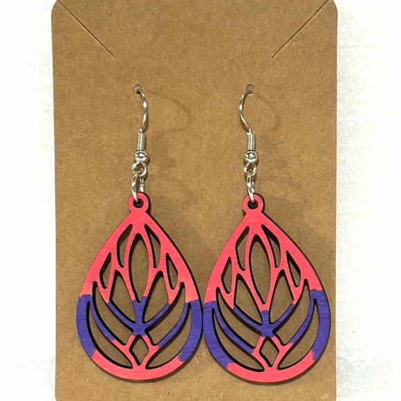 Jewelry - Elegant Red and Purple Teardrop Wood Earrings. Hand Crafted